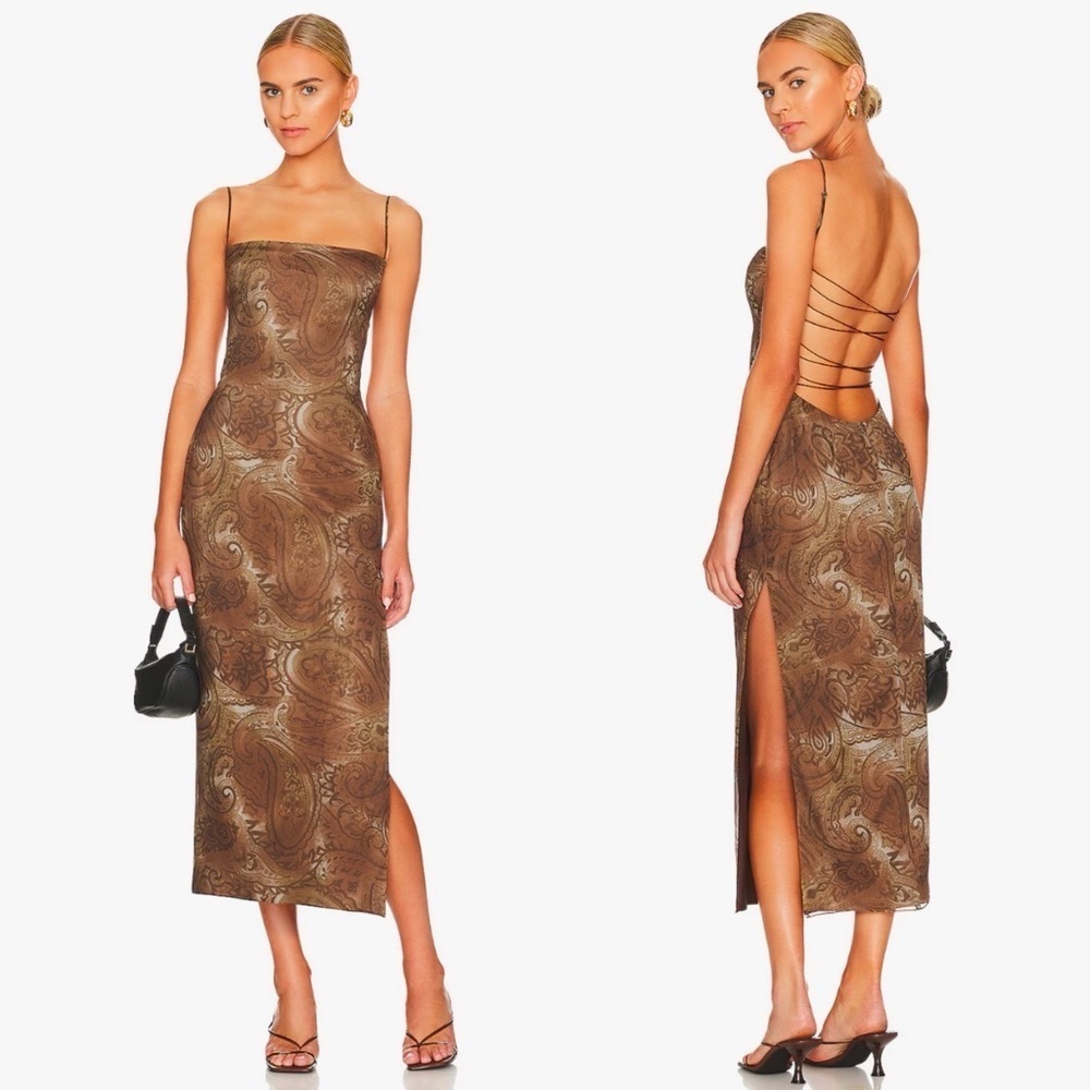 NEW! Mirror Palais- S&M PAISLEY-PRINT COWL-NECK SILK MIDI DRESS Brown Size M